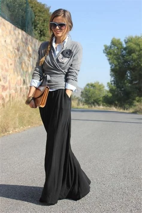 Black Maxi Skirt with Grey Accents